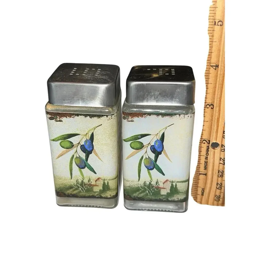 Tuscan Olive Oil Glass Salt Pepper Shakers Set‎ Square Metal Lids Kitchen Decor